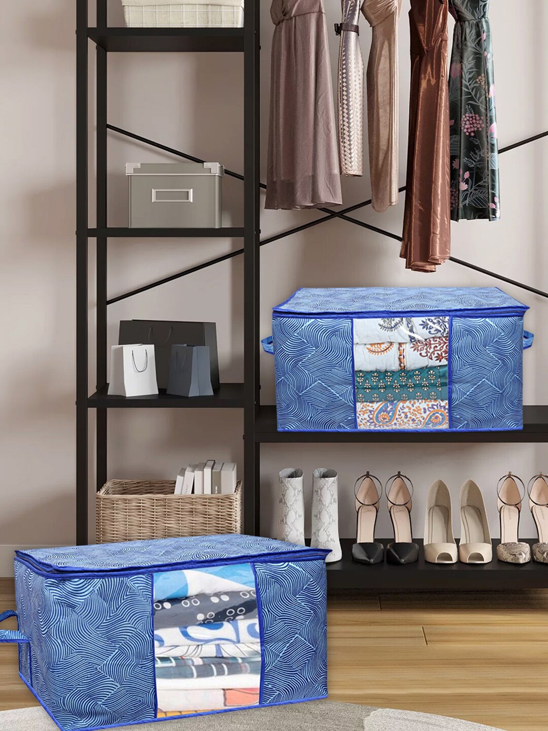 

Kuber Industries Blue 2 Pcs Printed Underbed Storage Organisers