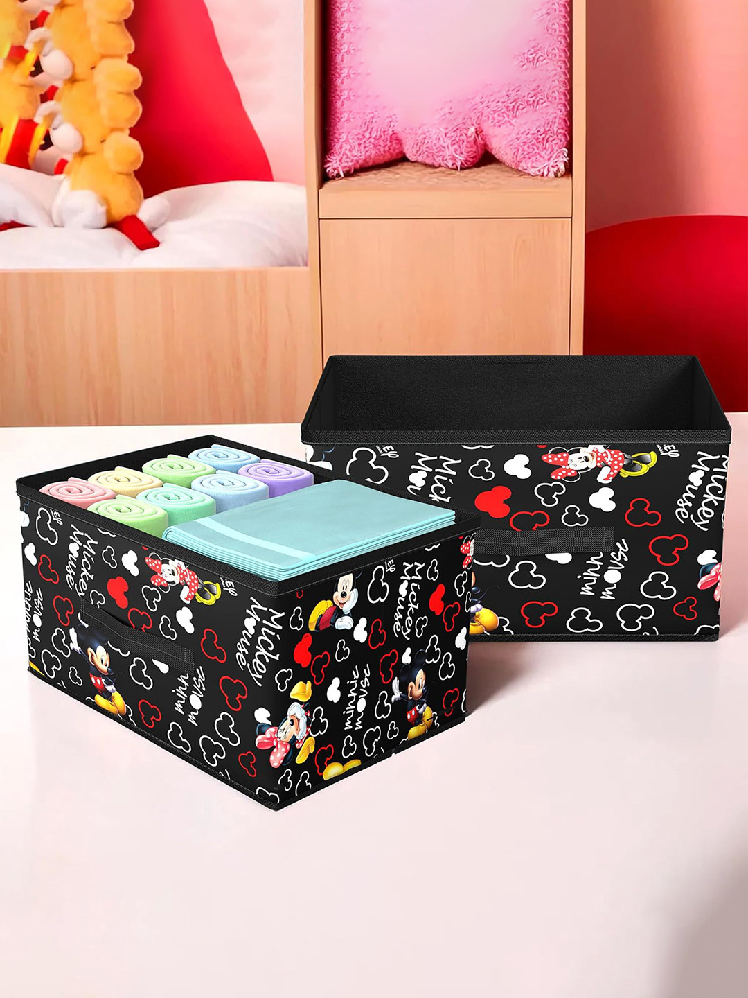 

Kuber Industries Black 2-Pieces Disney Printed Foldable Storage Box