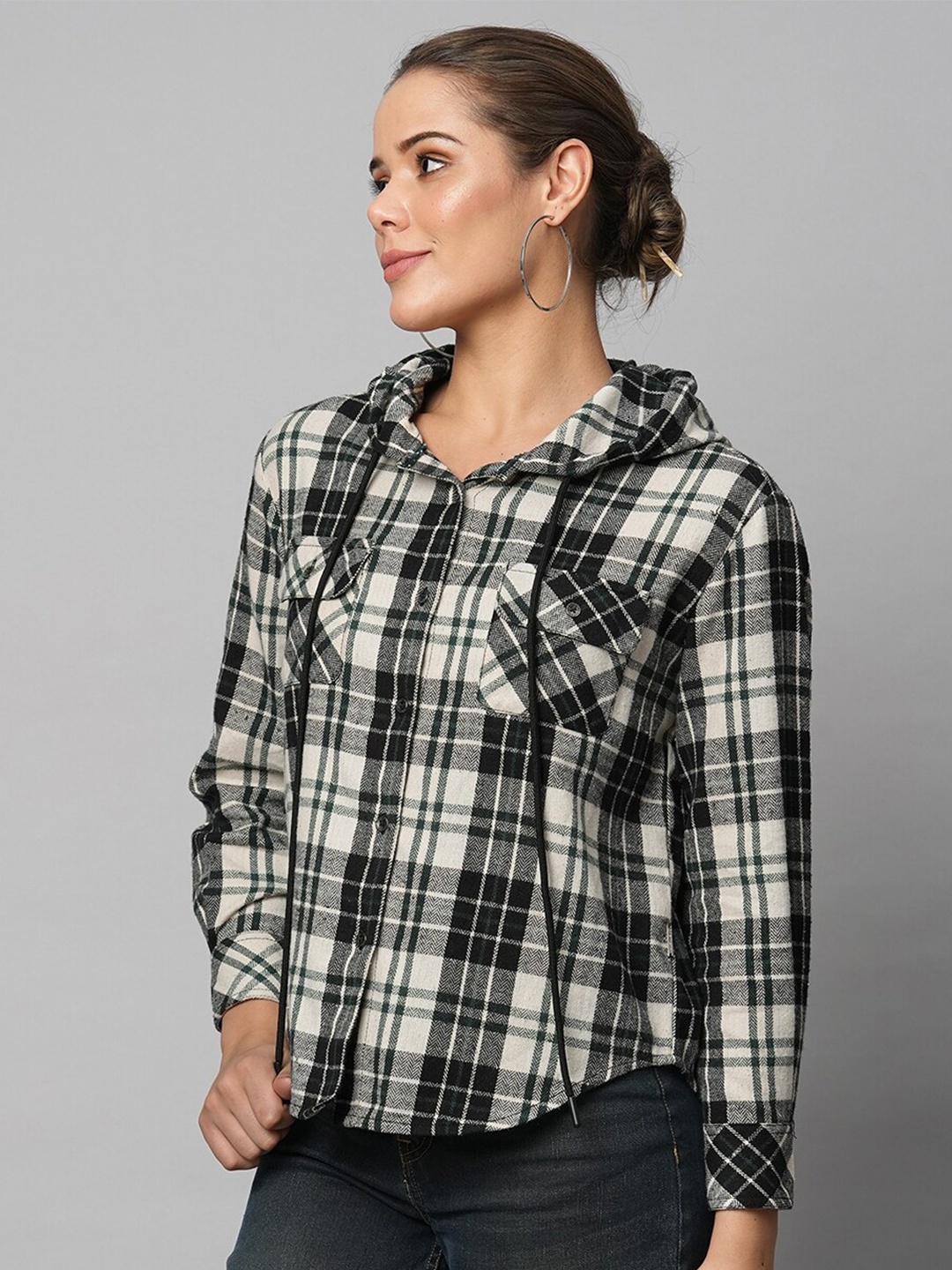 

Chemistry Checked Hooded Shirt Style Top, Black
