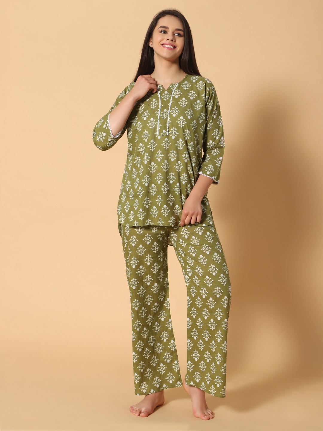 

HotGown Women Printed Pure Cotton Kurti Nightsuit, Olive