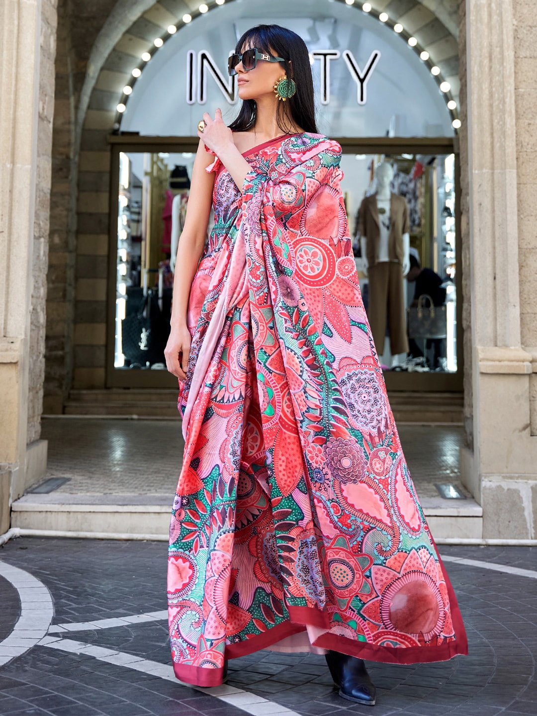 

Mitera Red & Blue Kalamkari Satin Block Print Saree