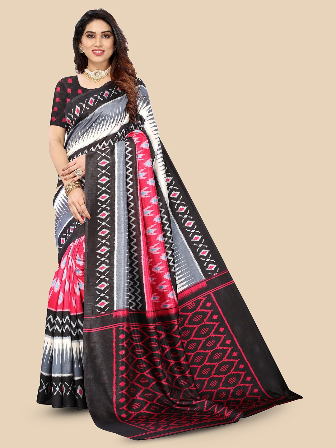 

Fevinaa Geometric Printed Saree, Pink