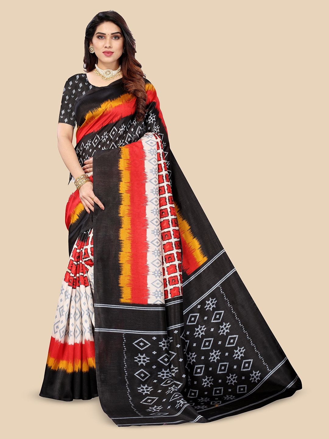 

Fevinaa Geometric Printed Saree, Red