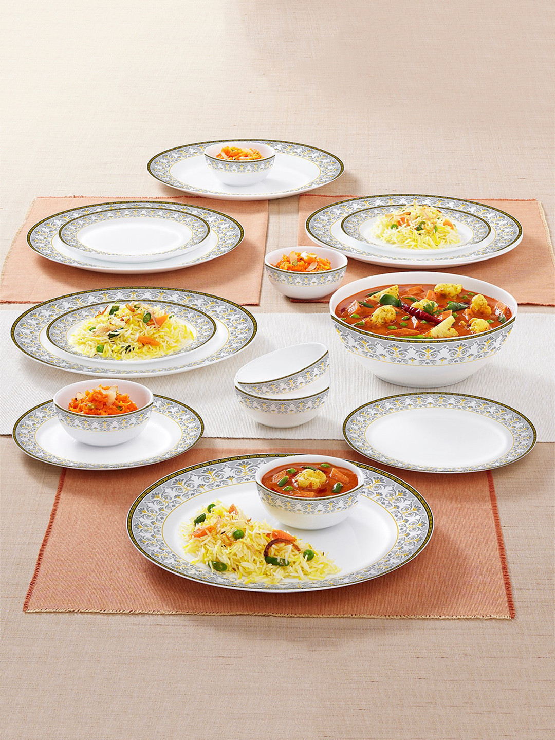 

Larah by BOROSIL Kohinoor White & Grey 19 Pieces Printed Opalware Matte Dinner Set