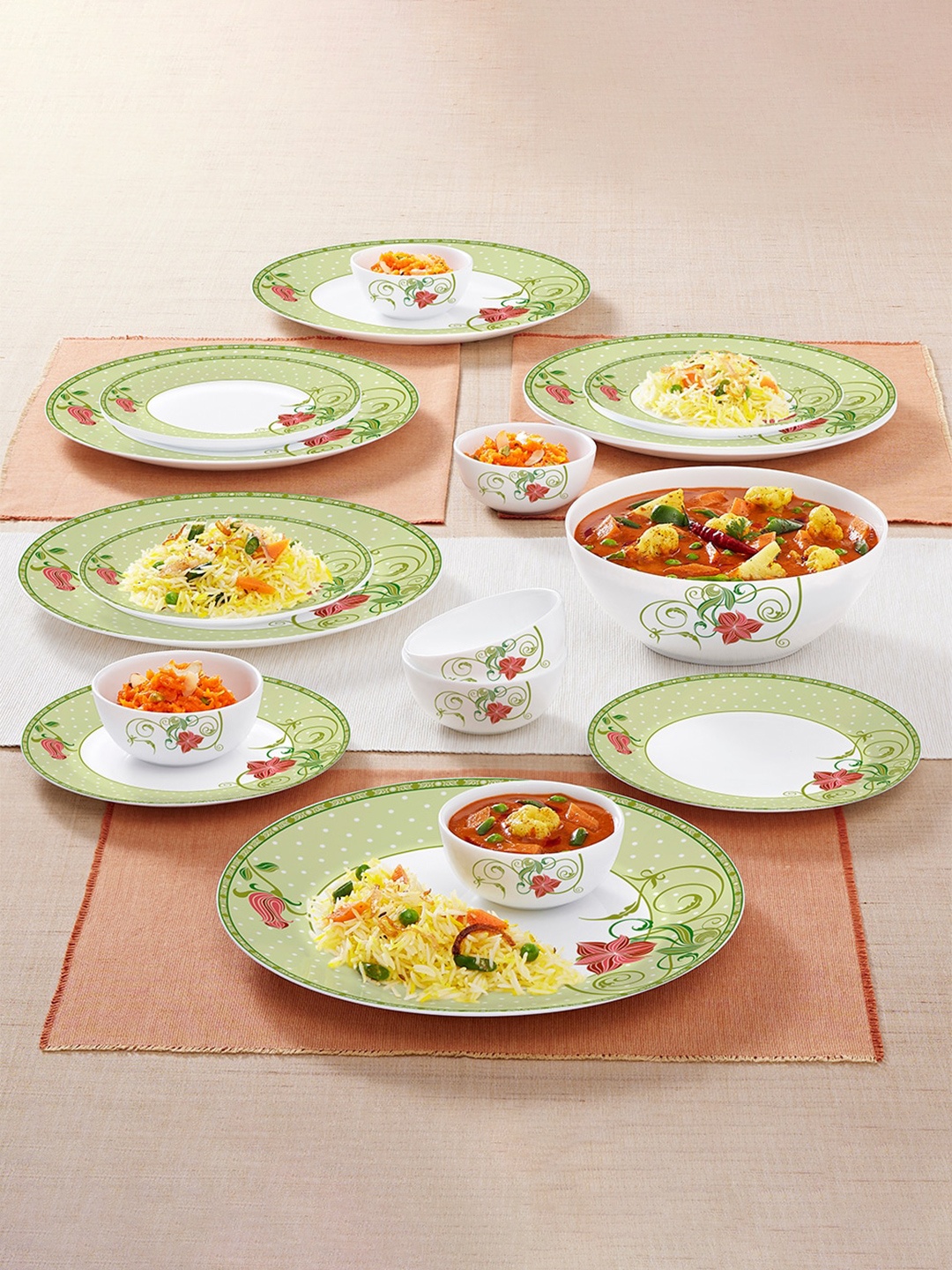 

Larah by BOROSIL Kohinoor White & Green 19 Pieces Printed Opalware Glossy Dinner Set