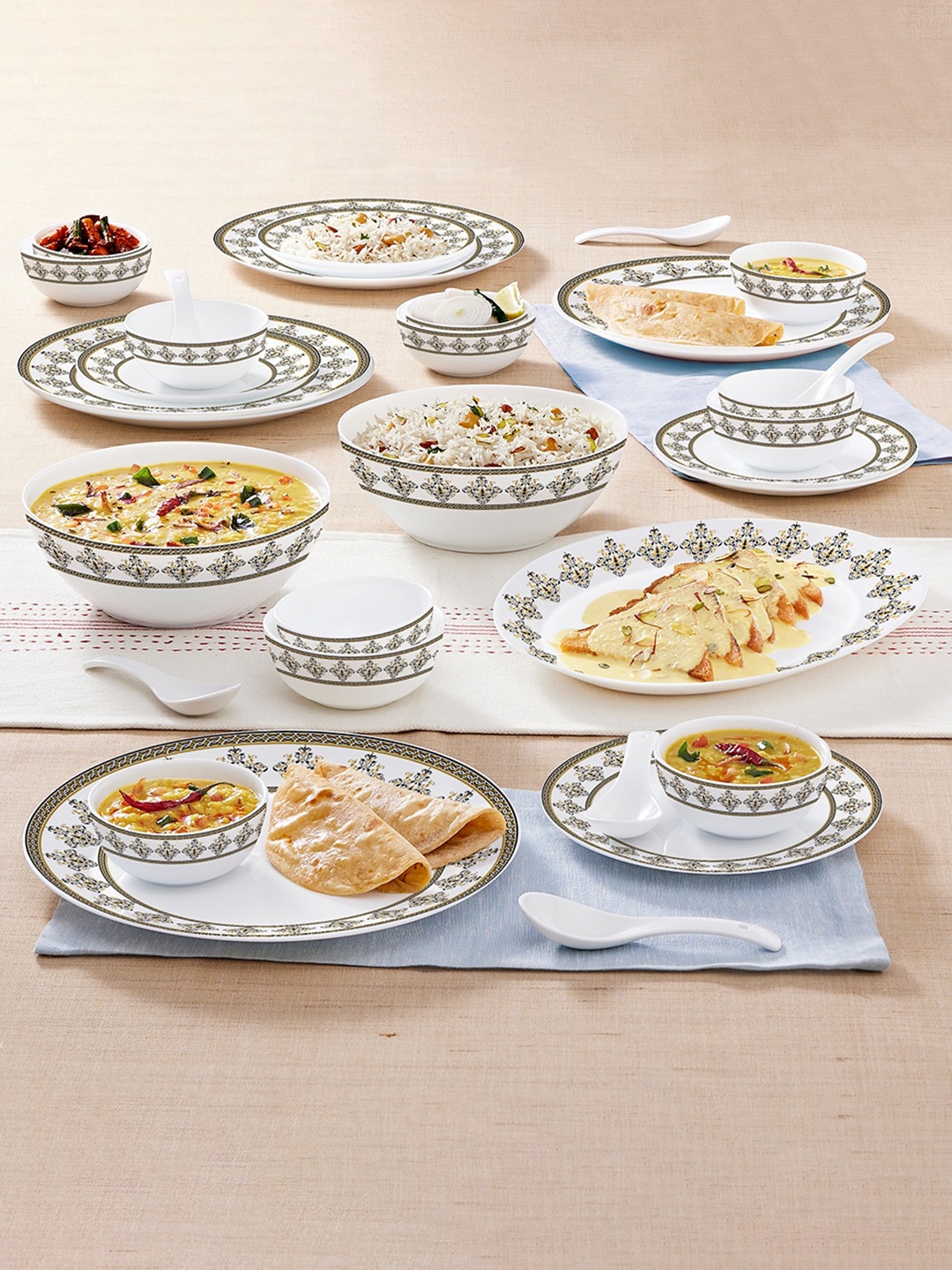 

Larah by BOROSIL Kohinoor White & Blue 33 Pieces Printed Opalware Matte Dinner Set