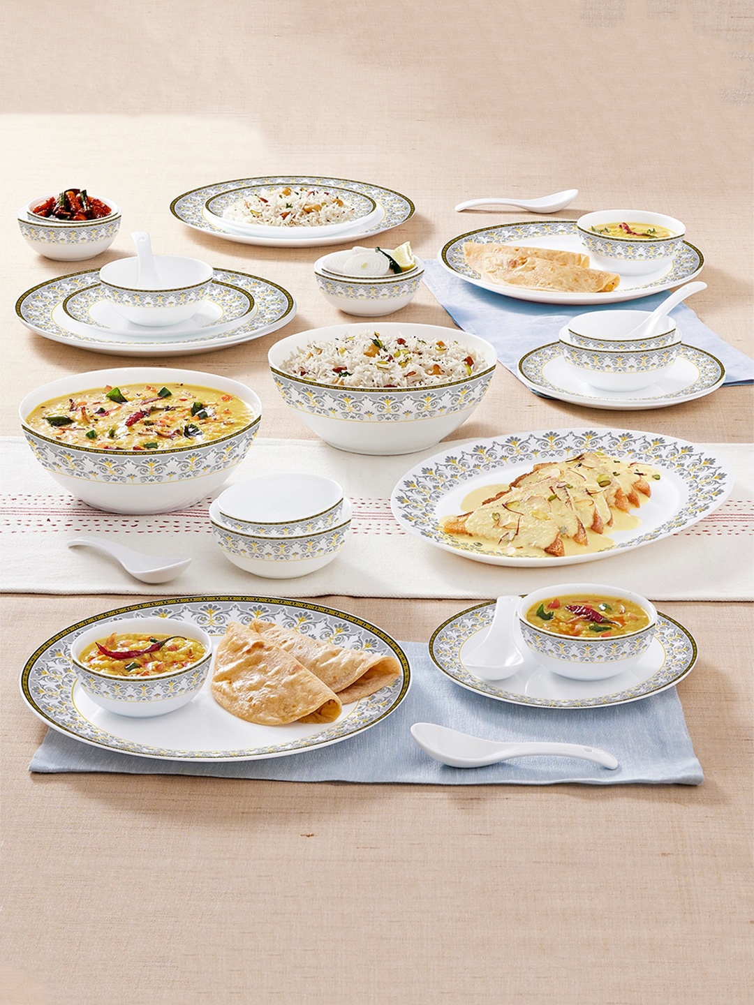 

Larah by BOROSIL Kohinoor 33 Pieces White & Grey Printed Opalware Glossy Dinner Set