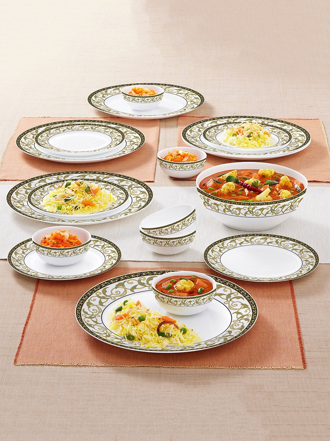 

Larah by BOROSIL Kohinoor 19 Pieces White & Green Printed Opalware Matte Dinner Set