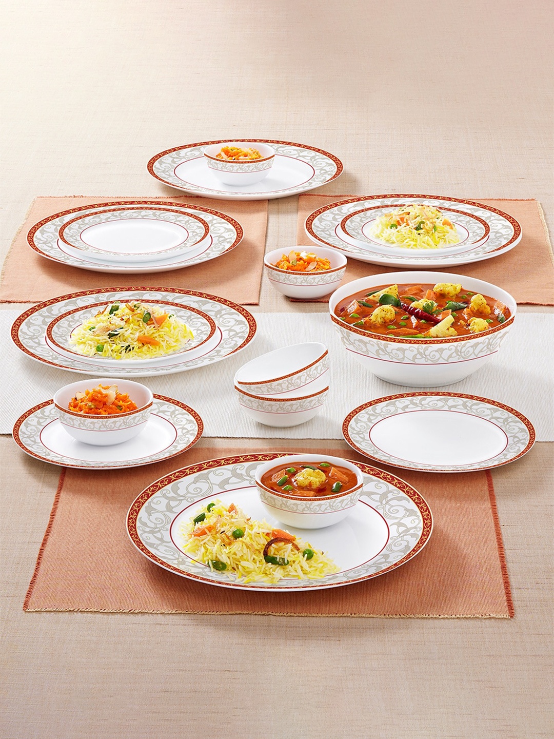 

Larah by BOROSIL kohinoor White & Red 19 Pieces Printed Opalware Glossy Dinner Set