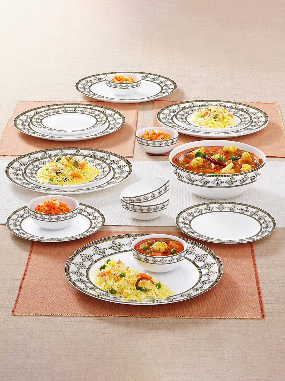 

Larah by BOROSIL Kohinoor 19 Pieces White & Green Printed Opalware Glossy Dinner Set