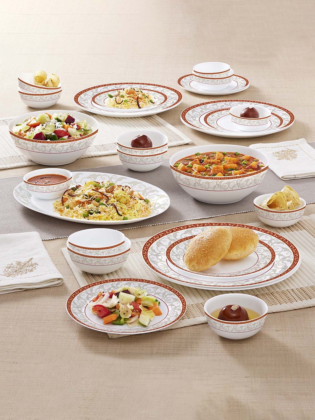 

Larah by BOROSIL Kohinoor White & Red 27 Pieces Ethnic Motifs Opalware Glossy Dinner Set