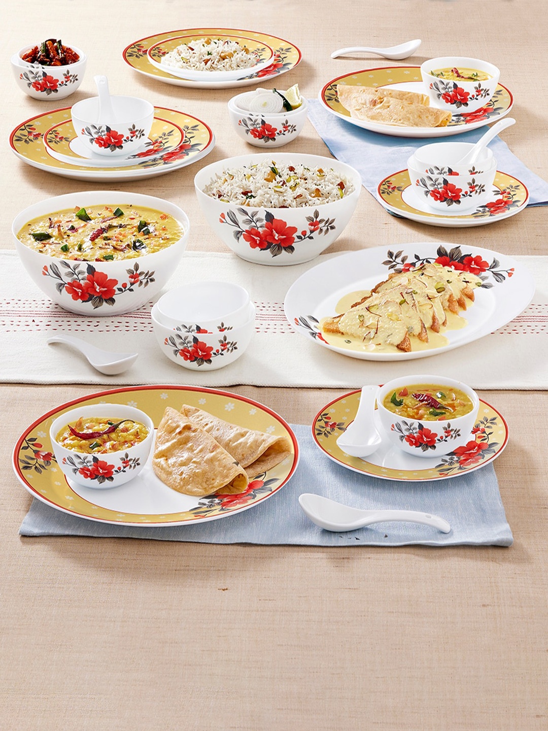 

Larah by BOROSIL Kohinoor White & Yellow 33 Pieces Printed Opalware Glossy Dinner Set