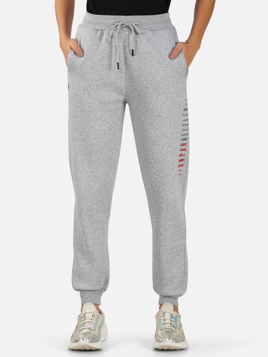 UNPAR Women Typography Printed Training or Gym Joggers, Grey melange