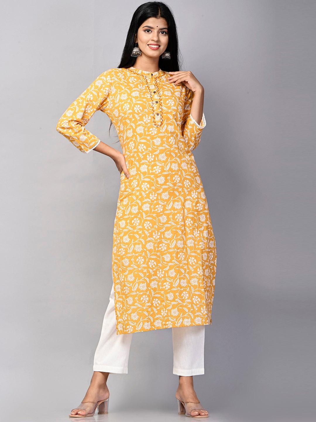 PUKHYA Floral Printed Band Collar Thread Work Cotton Straight Kurta, Mustard