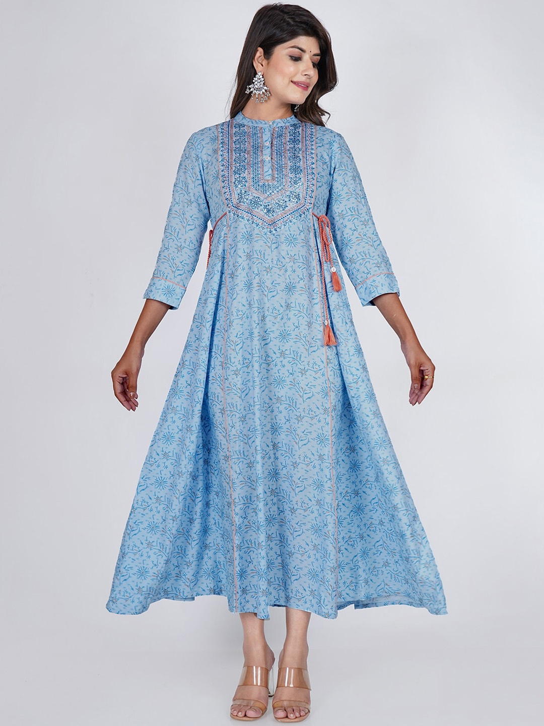 

PUKHYA Ethnic Motif Printed & Embroidered Mandarin Collar Fit and Flared Midi Ethnic Dress, Blue