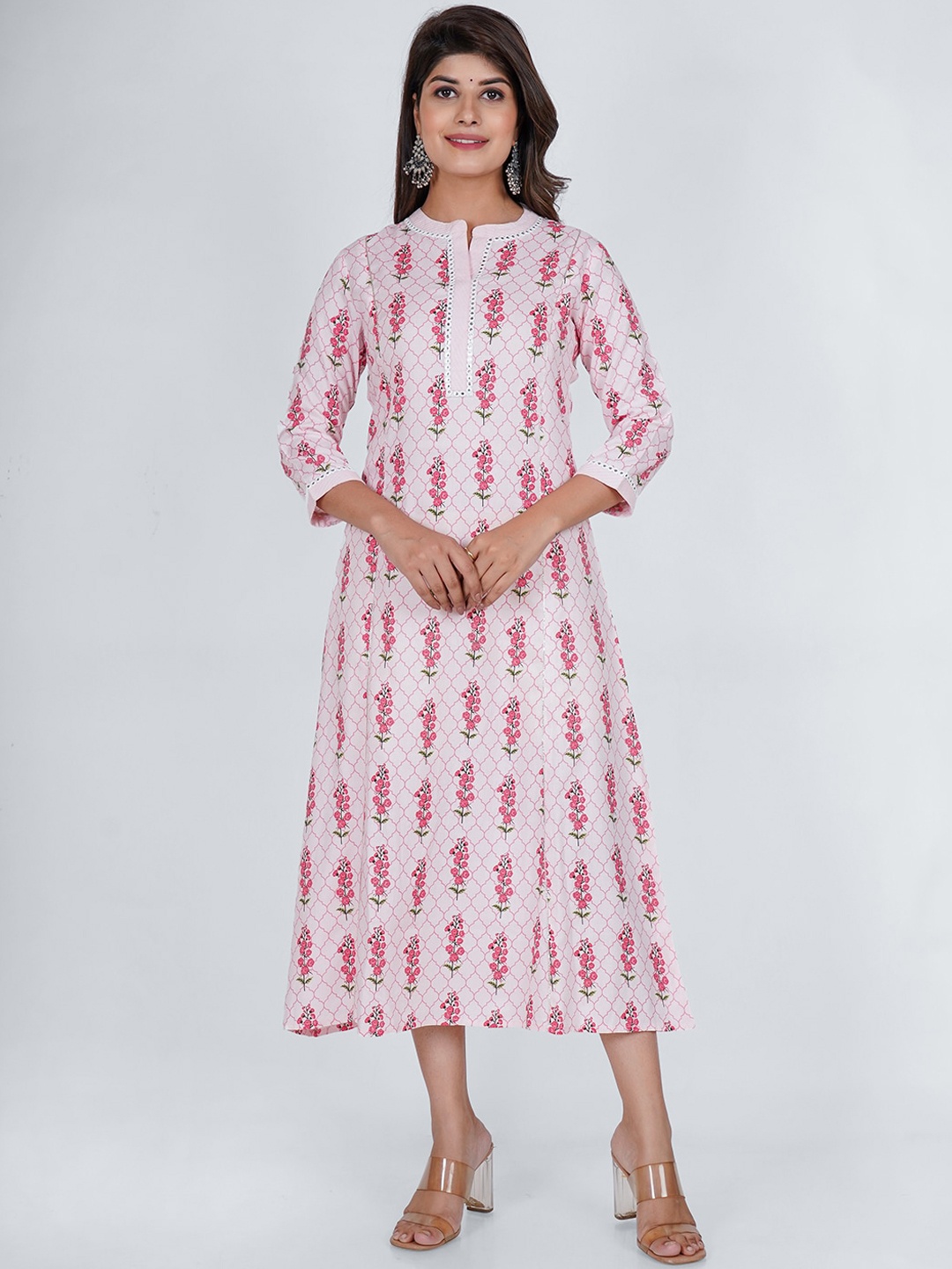 

PUKHYA Motifs Printed Mandarin Collar A-Line Midi Ethnic Dress, Pink