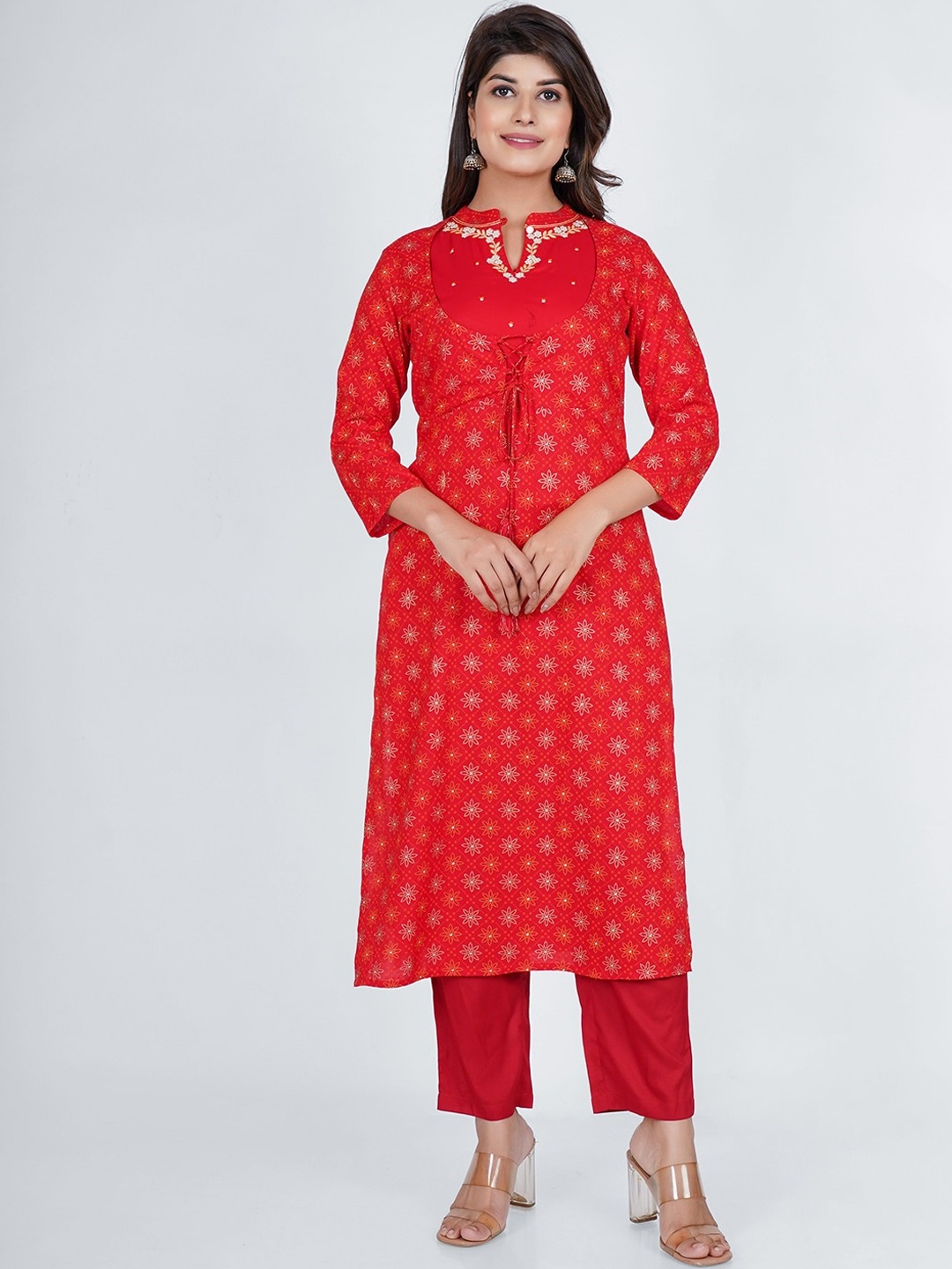 

PUKHYA Floral Printed Mandarin Collar Straight Kurta, Red