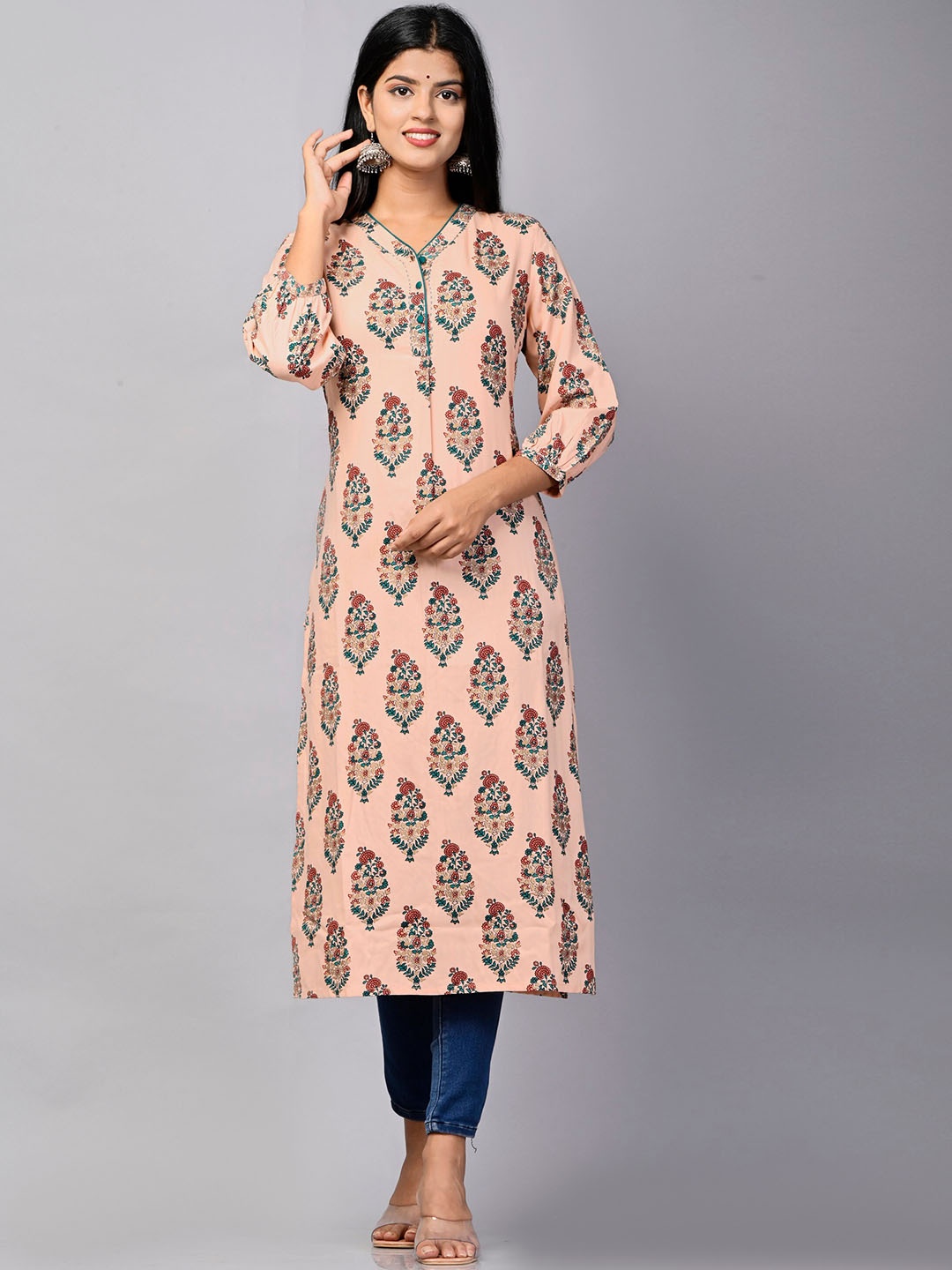 

PUKHYA Ethnic Motifs Printed Straight Kurta, Peach