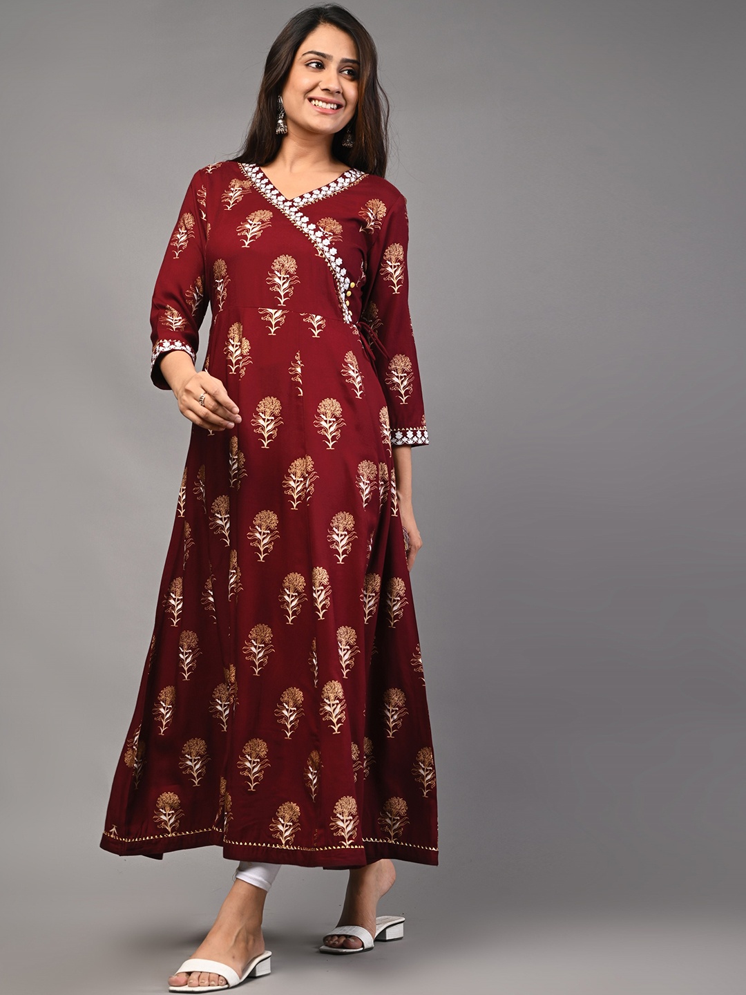 

PUKHYA Ethnic Motifs Printed Thread Work Angrakha A-line Kurta, Maroon