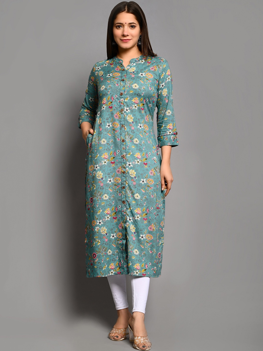 

PUKHYA Floral Printed A-line Kurta, Blue