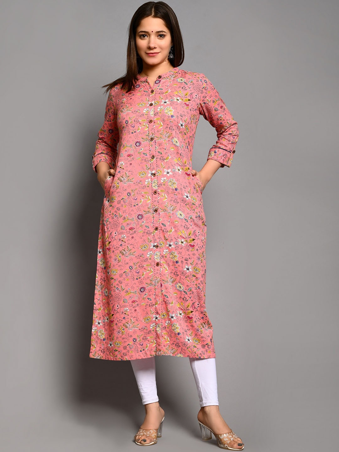 

PUKHYA Floral Printed A-line Kurta, Pink