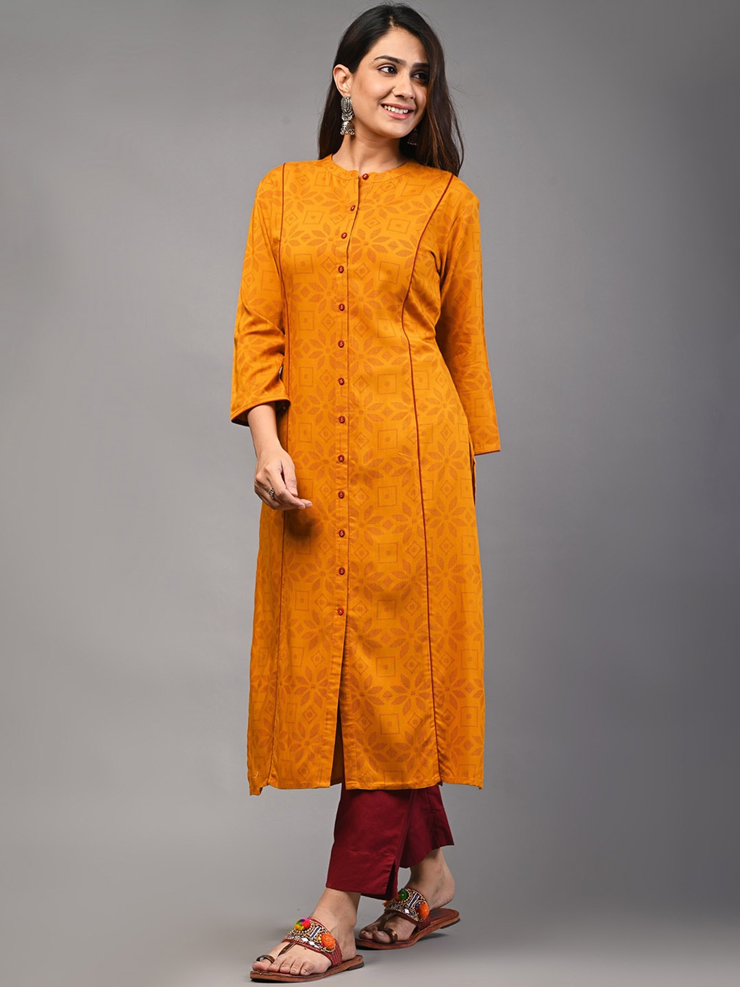 

PUKHYA Floral Printed A-line Kurta, Mustard