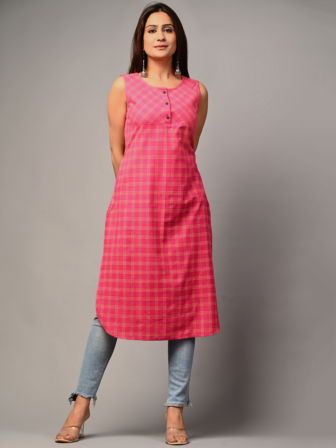 

PUKHYA Checked Sleeveless Straight Kurta, Pink