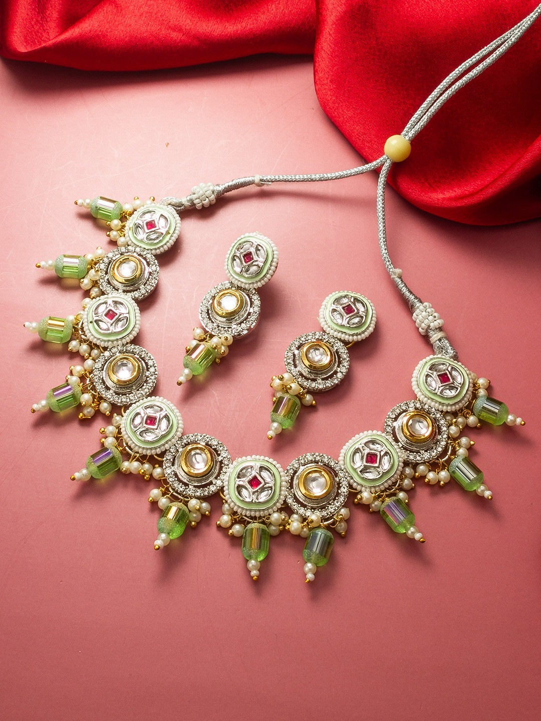 

aadita Gold-Plated Stone-Studded & Pearl Beaded Choker Necklace & Earrings