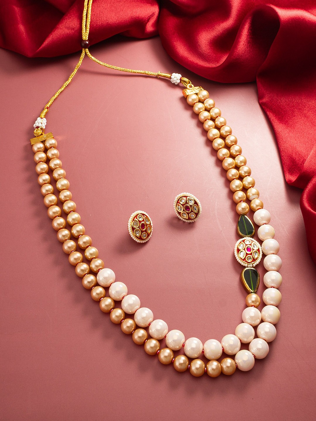 aadita Gold-Plated Stone-Studded & Pearl Beaded Necklace & Earrings