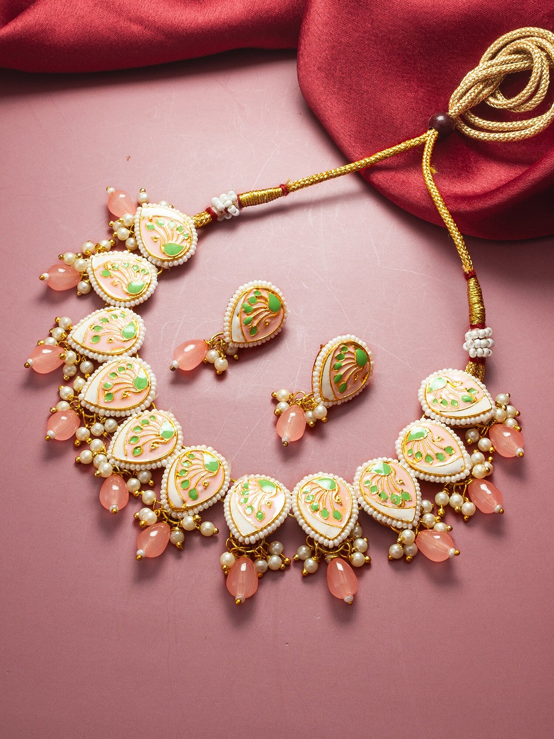 aadita Gold-Plated Stone-Studded & Pearl Beaded Necklace & Earrings