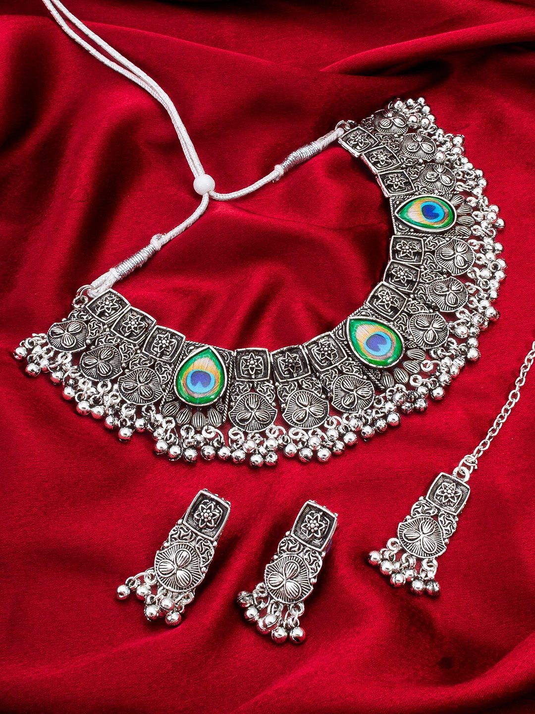 

aadita Silver-Plated Stones-Studded & Beaded Jewellery Set