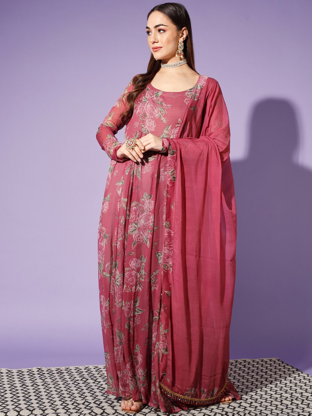 

SCORPIUS Floral Printed Long Sleeves Pleated Ethnic Dress With Dupatta, Mauve