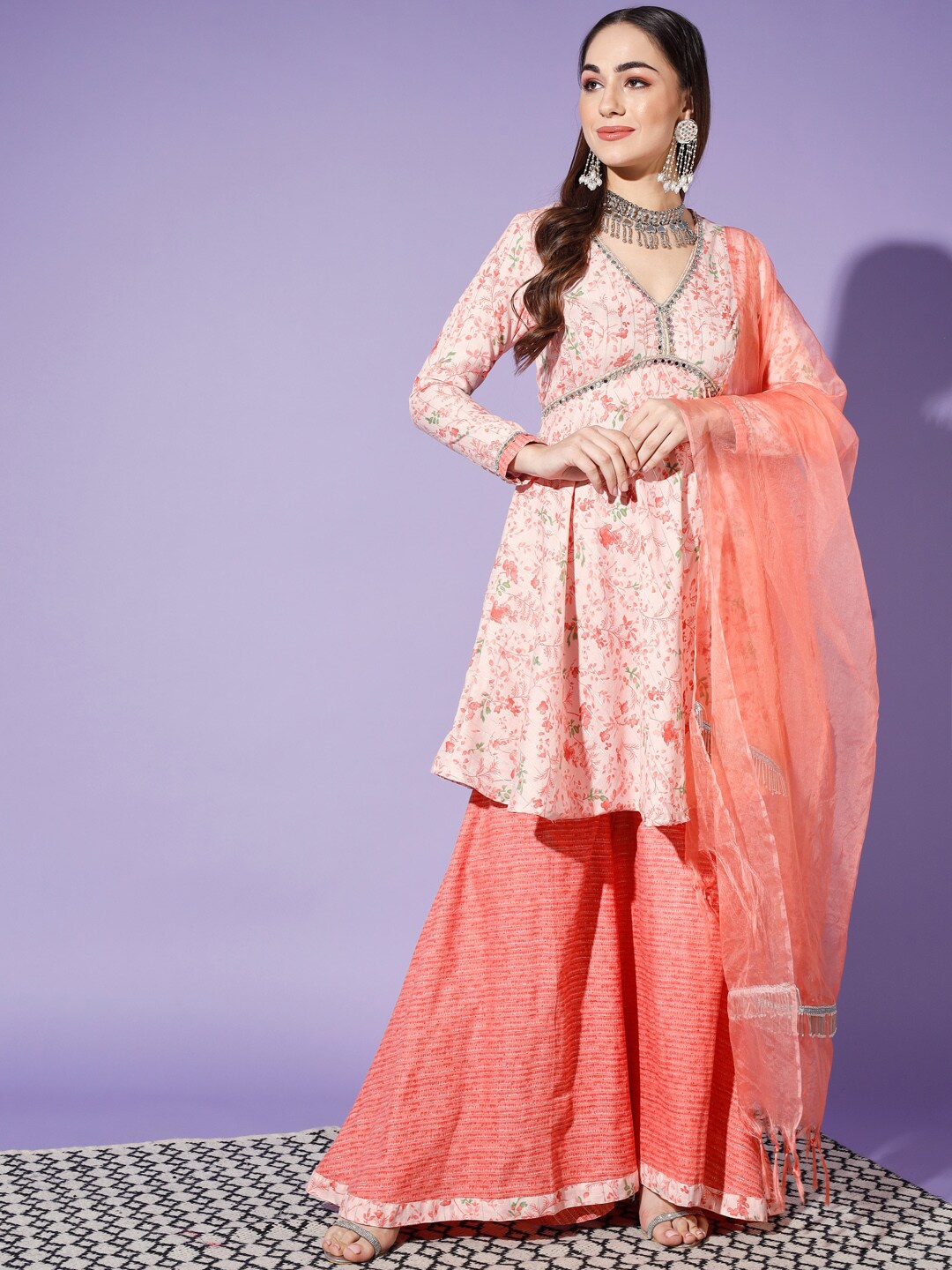 

SCORPIUS Floral Printed Empire Mirror Work Pure Cotton Kurta & Palazzos With Dupatta, Peach
