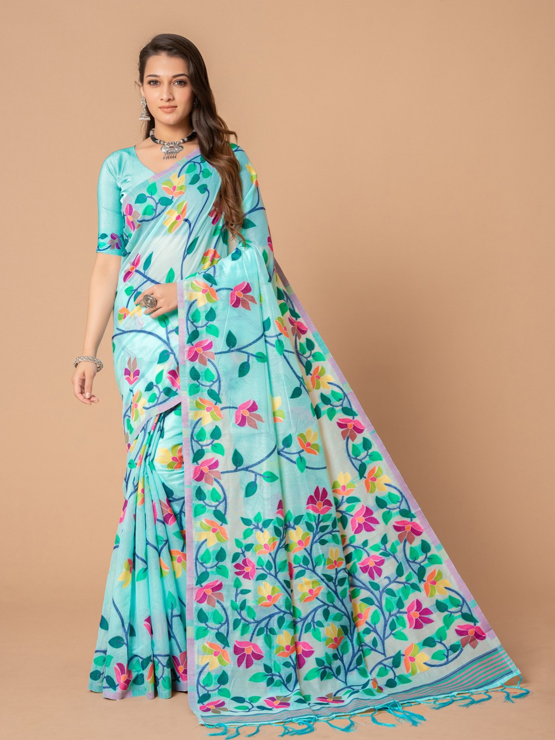 

GAJARAI Floral Printed Pure Cotton Jamdani Saree, Turquoise blue