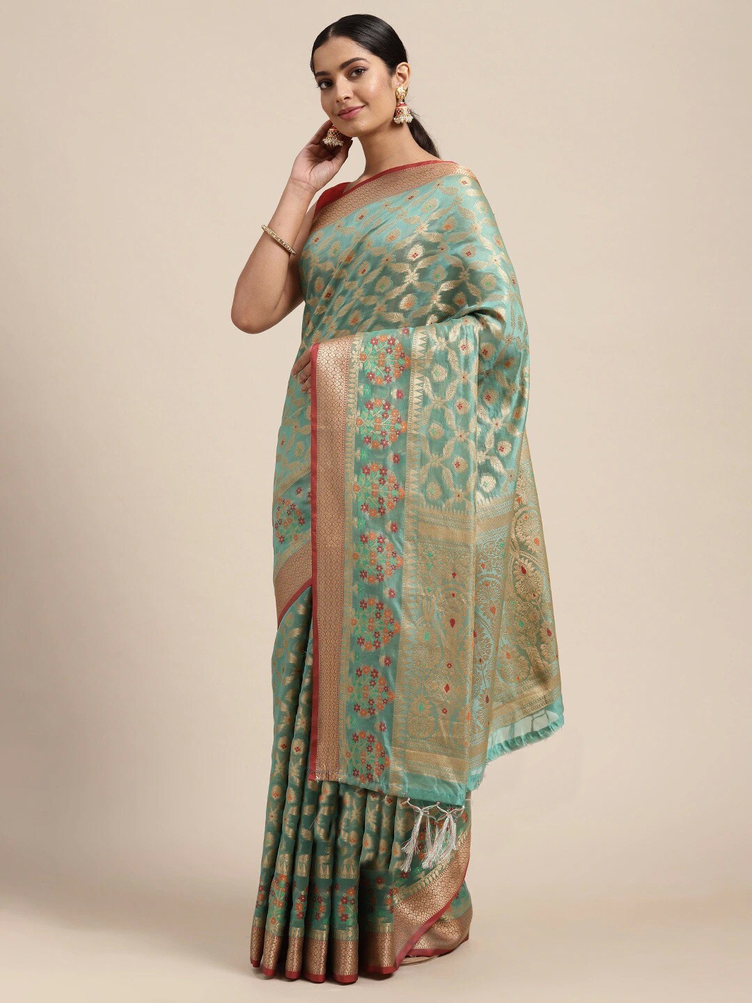 

GAJARAI Woven Design Zari Organza Banarasi Saree, Sea green