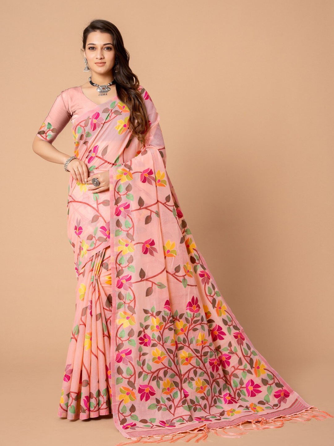 

GAJARAI Woven Design Pure Cotton Jamdani Saree, Pink