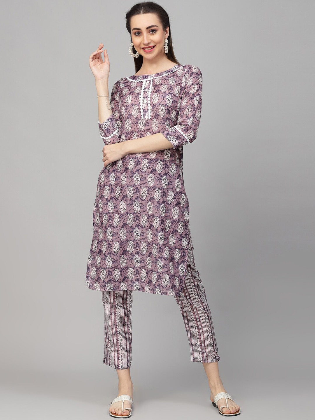 

18 ATTITUDE Ethnic Motifs Printed Lace Detail Straight Kurta & Trousers, Purple