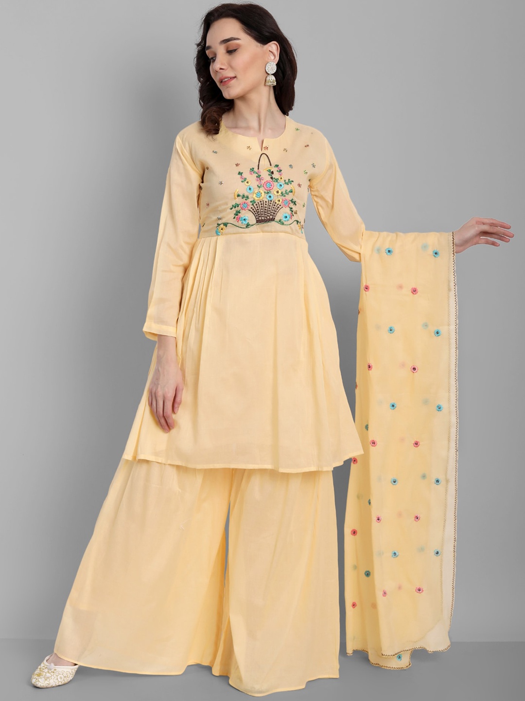 

18 ATTITUDE Floral Embroidered Pleated Pure Cotton A-Line Kurti & Sharara With Dupatta, Yellow