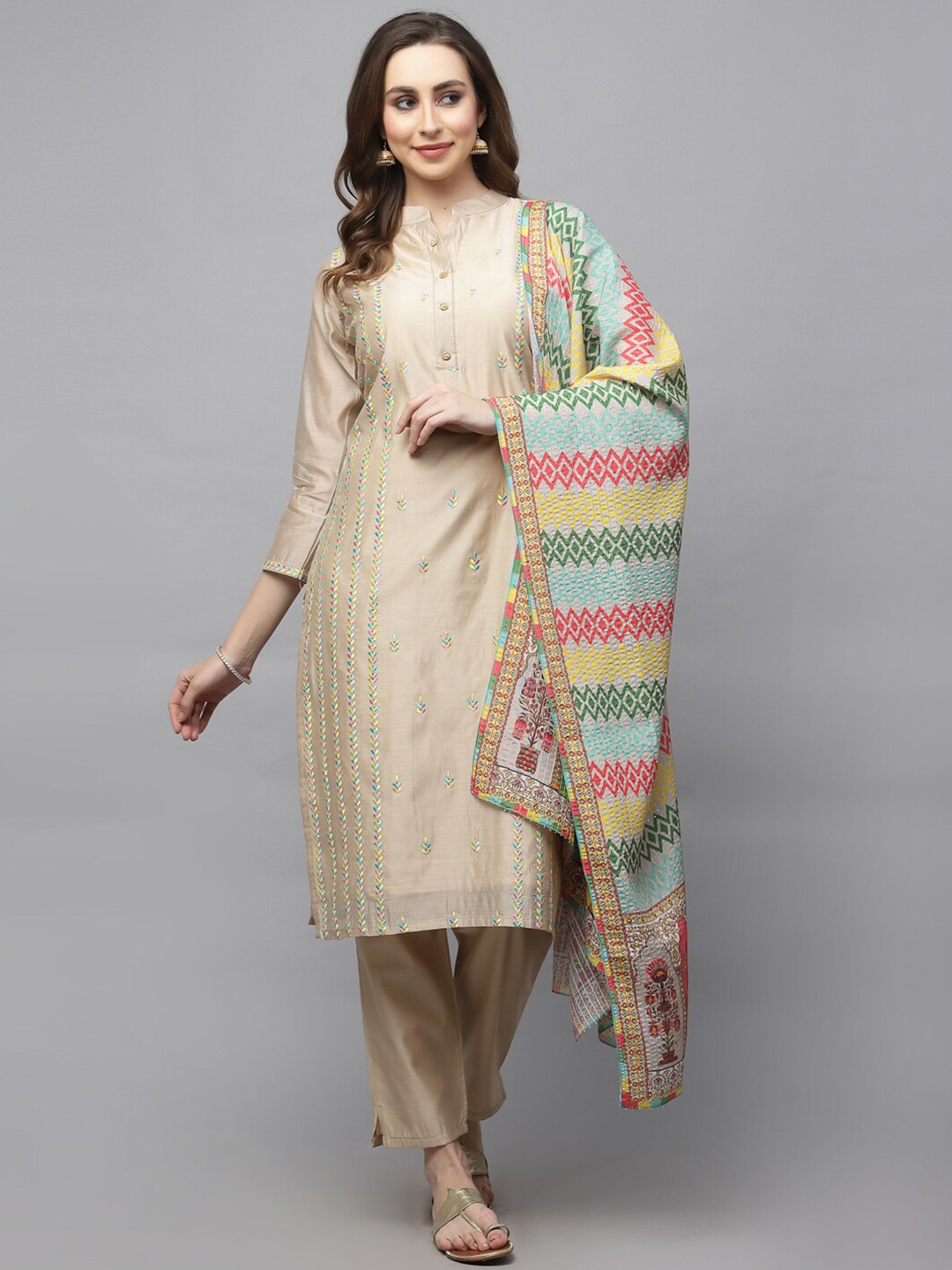 

18 ATTITUDE Ethnic Motif Embroidered Regular Straight Kurta & Trousers With Dupatta, Beige