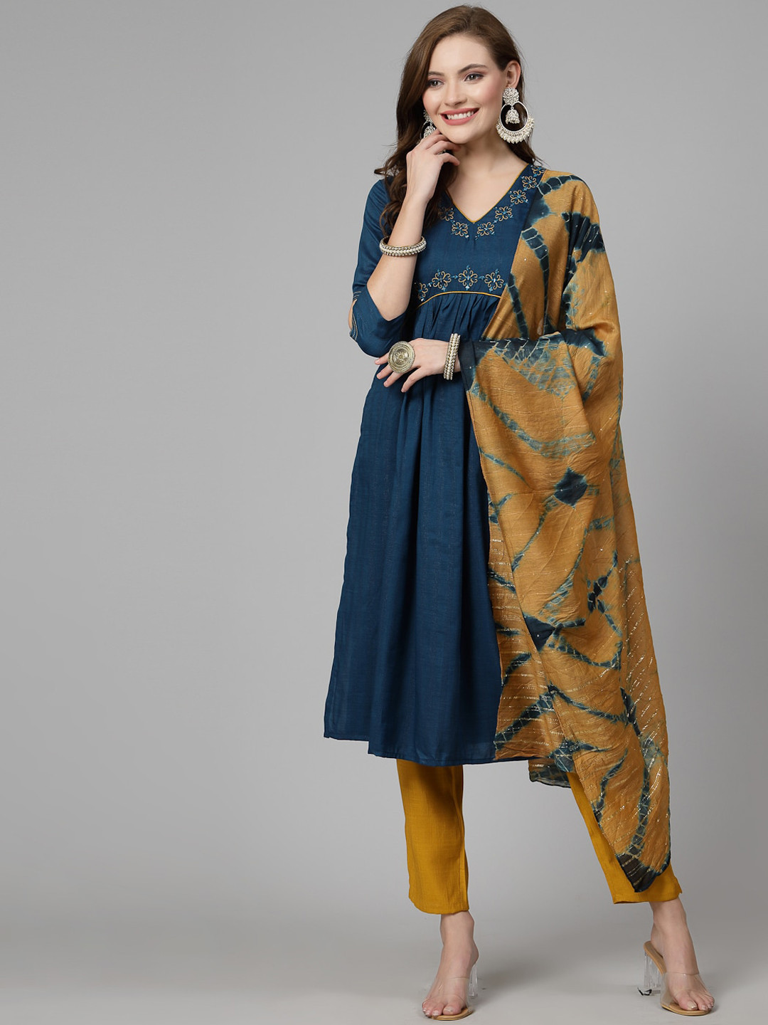 

18 ATTITUDE Floral Embroidered Regular Mirror Work Kurta with Trousers & With Dupatta, Blue