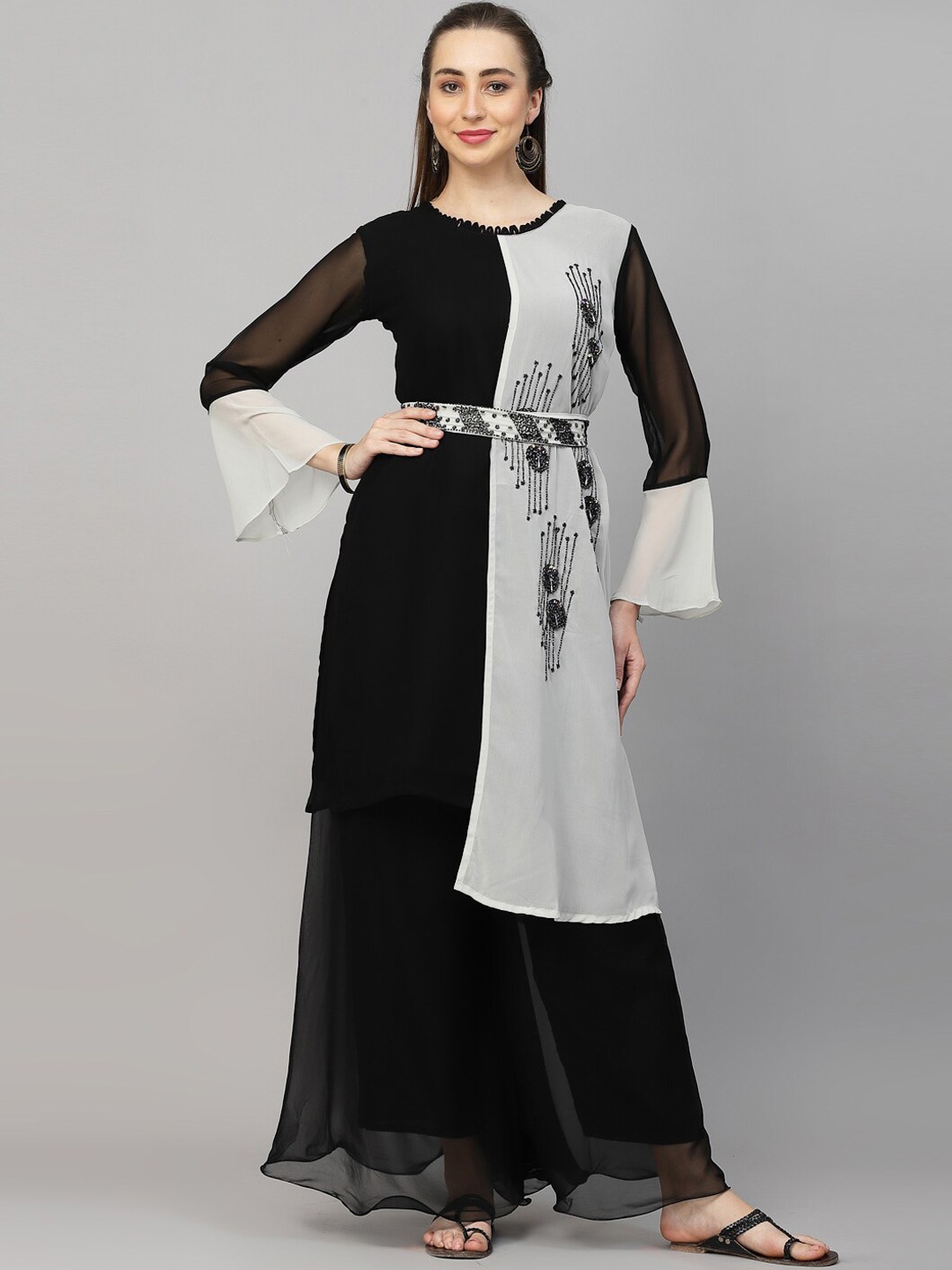 

18 ATTITUDE Ethnic Motifs Embroidered Thread Work Kurta With Sharara, Black