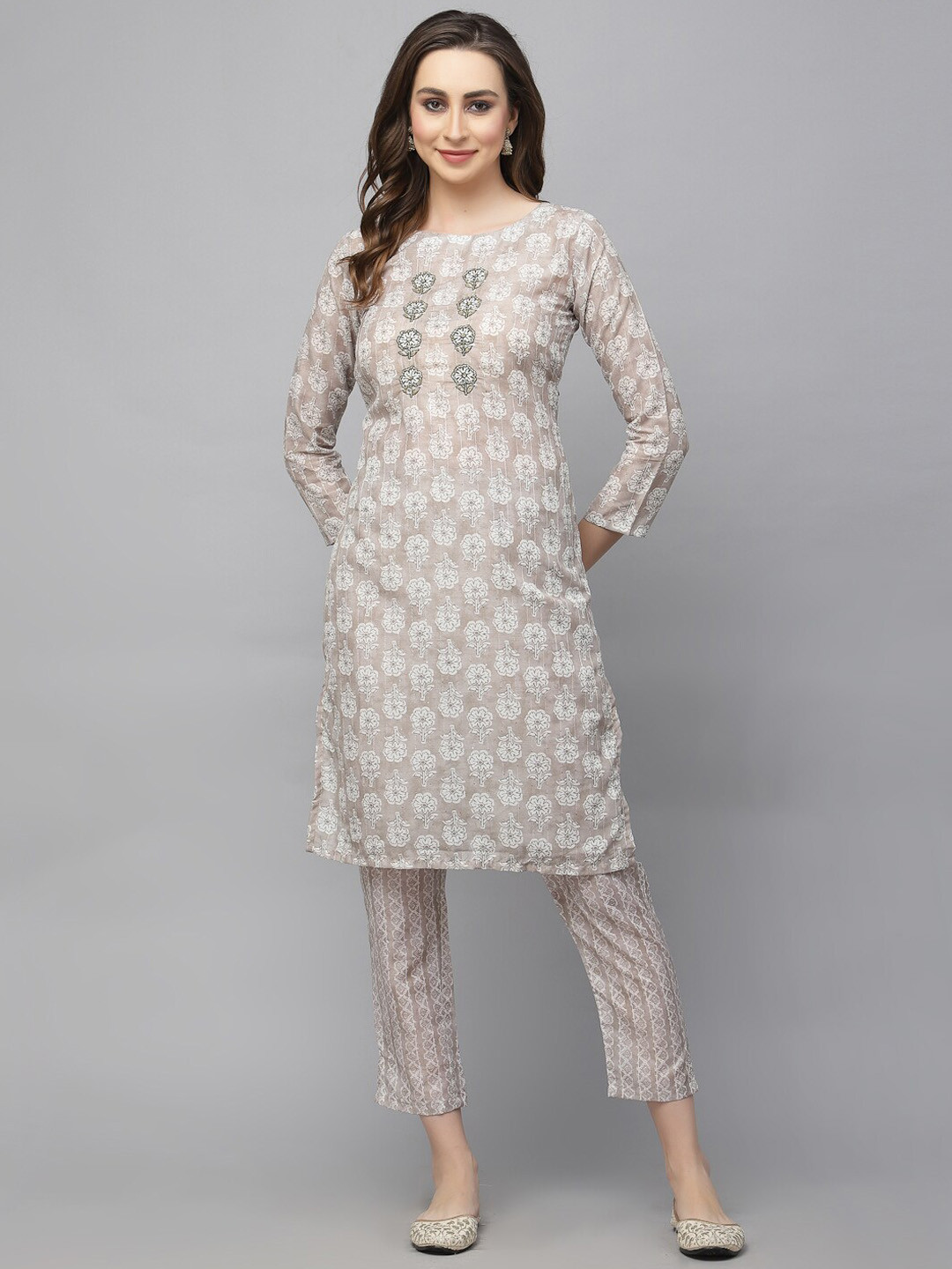 

18 ATTITUDE Ethnic Motifs Printed Thread Work Kurta with Trousers, Beige