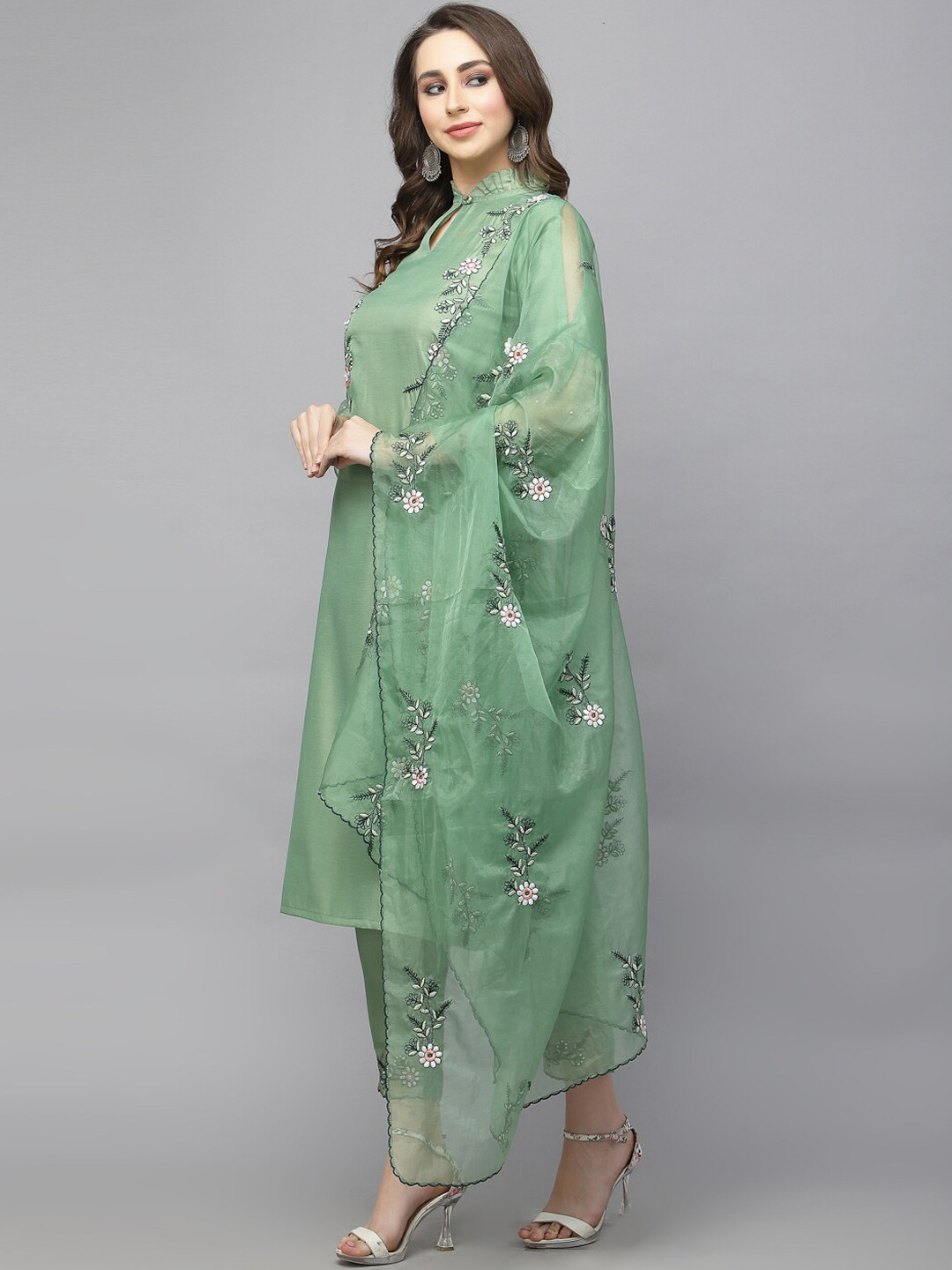 

18 ATTITUDE Floral Yoke Design Regular Mirror Work Kurta with Trousers & With Dupatta, Green