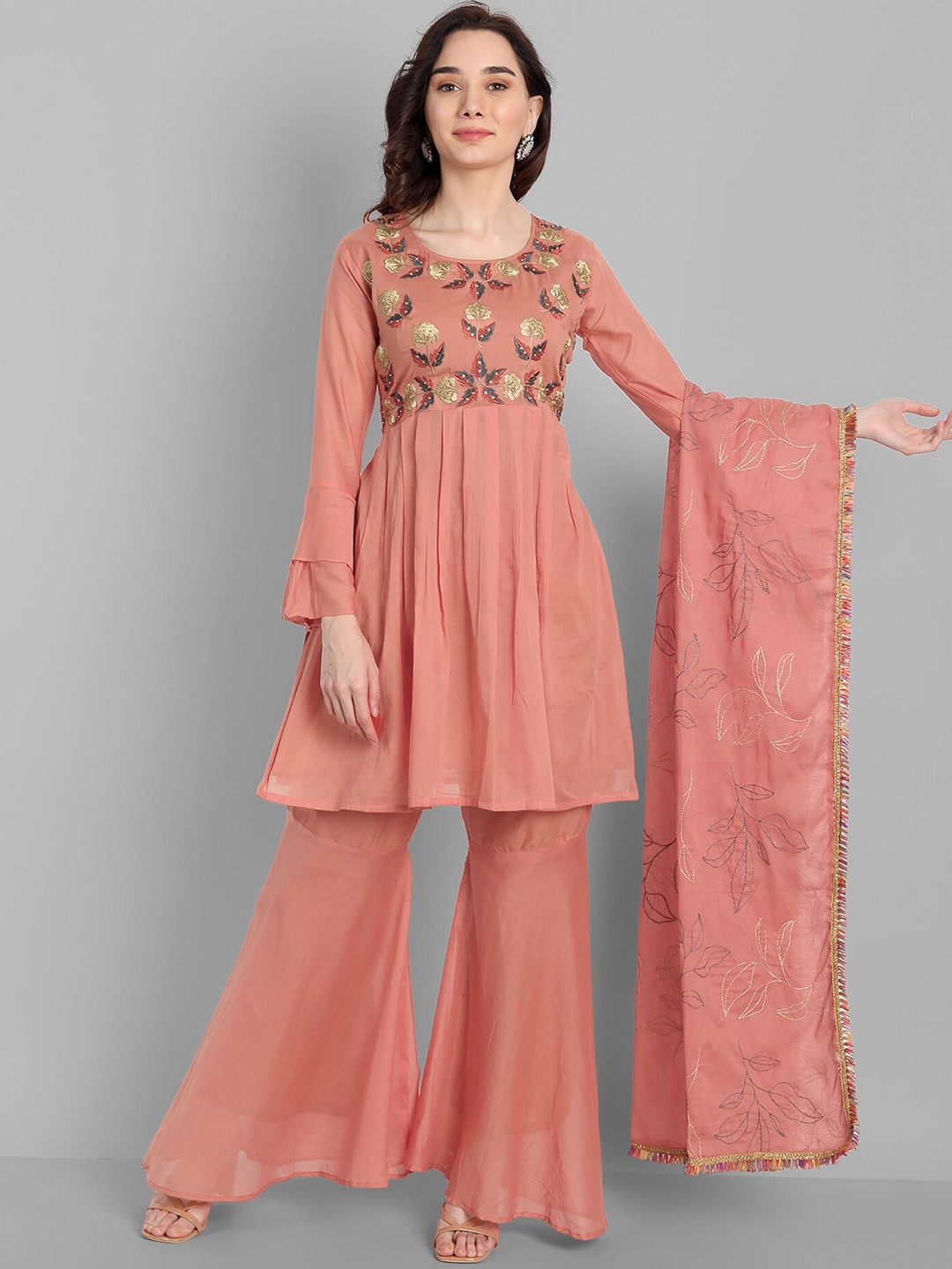 

18 ATTITUDE Floral Yoke Design Empire Thread Work Pure Cotton Kurti with Sharara & Dupatta, Peach