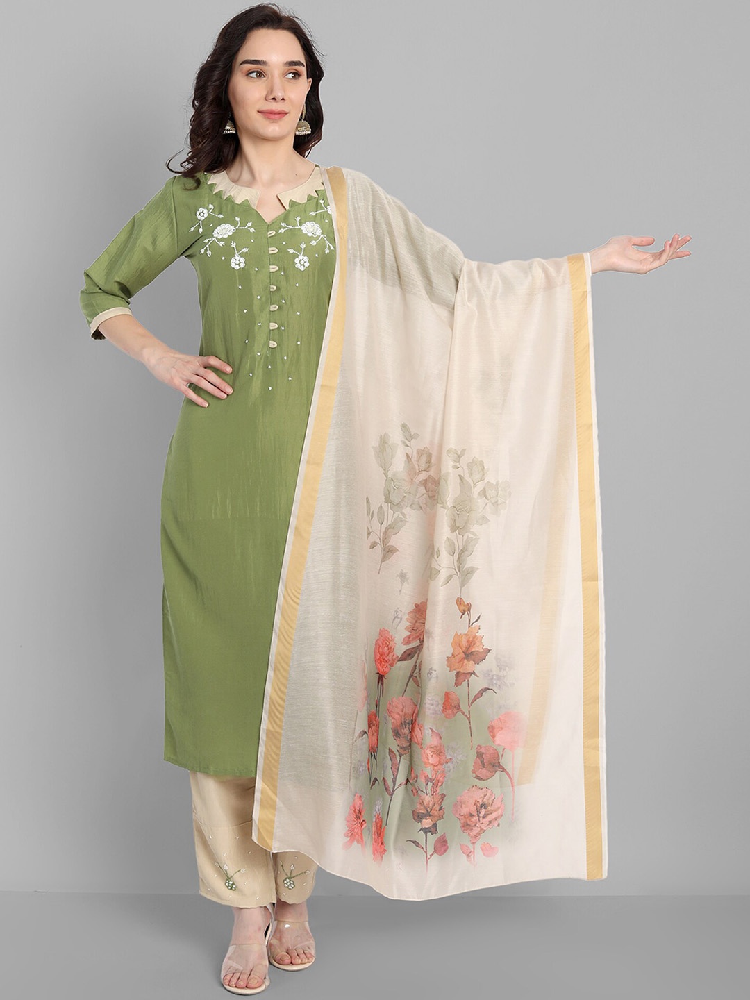 

18 ATTITUDE Floral Embroidered Regular Linen Kurta with Trousers & With Dupatta, Green