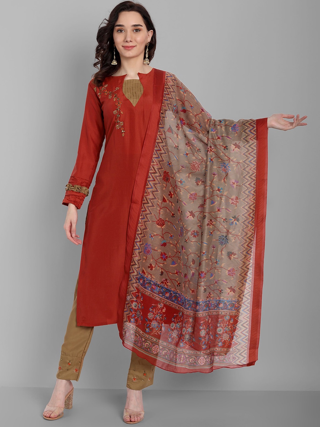18 ATTITUDE Floral Embroidered Beads and Stones Linen Kurta with Trousers & With Dupatta, Red