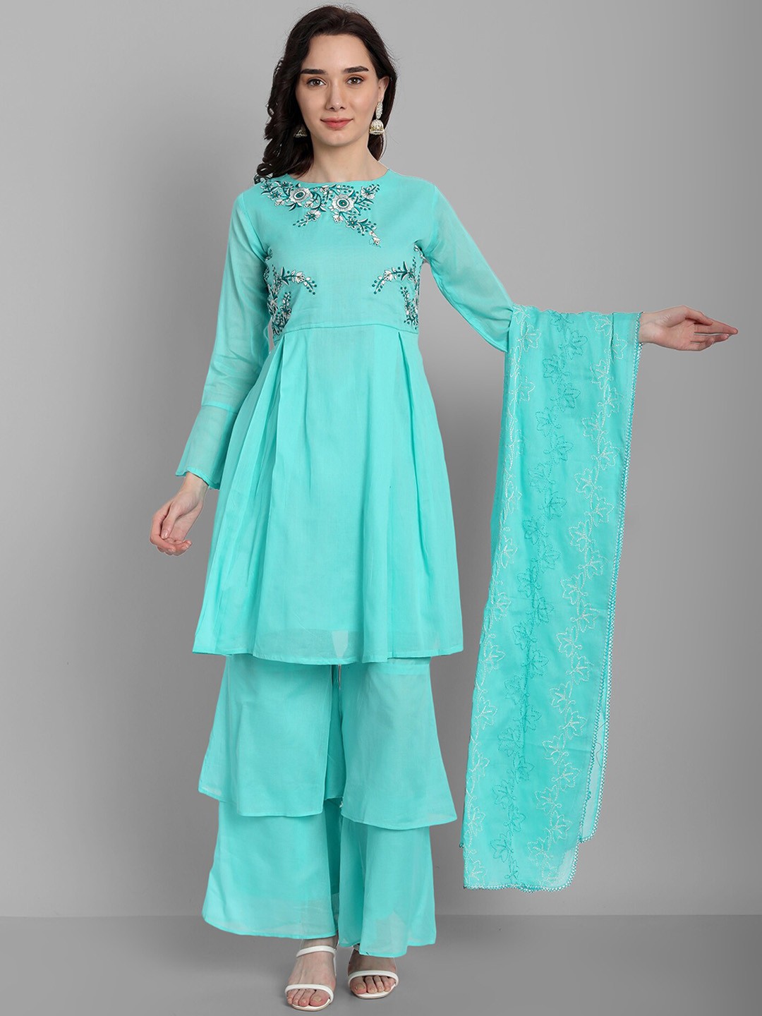 

18 ATTITUDE Floral Embroidered Pleated Pure Cotton A-Line Kurti & Sharara With Dupatta, Turquoise blue