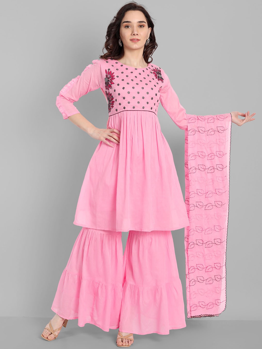 

18 ATTITUDE Floral Embroidered Regular Pure Cotton A-Line Kurti & Sharara With Dupatta, Pink