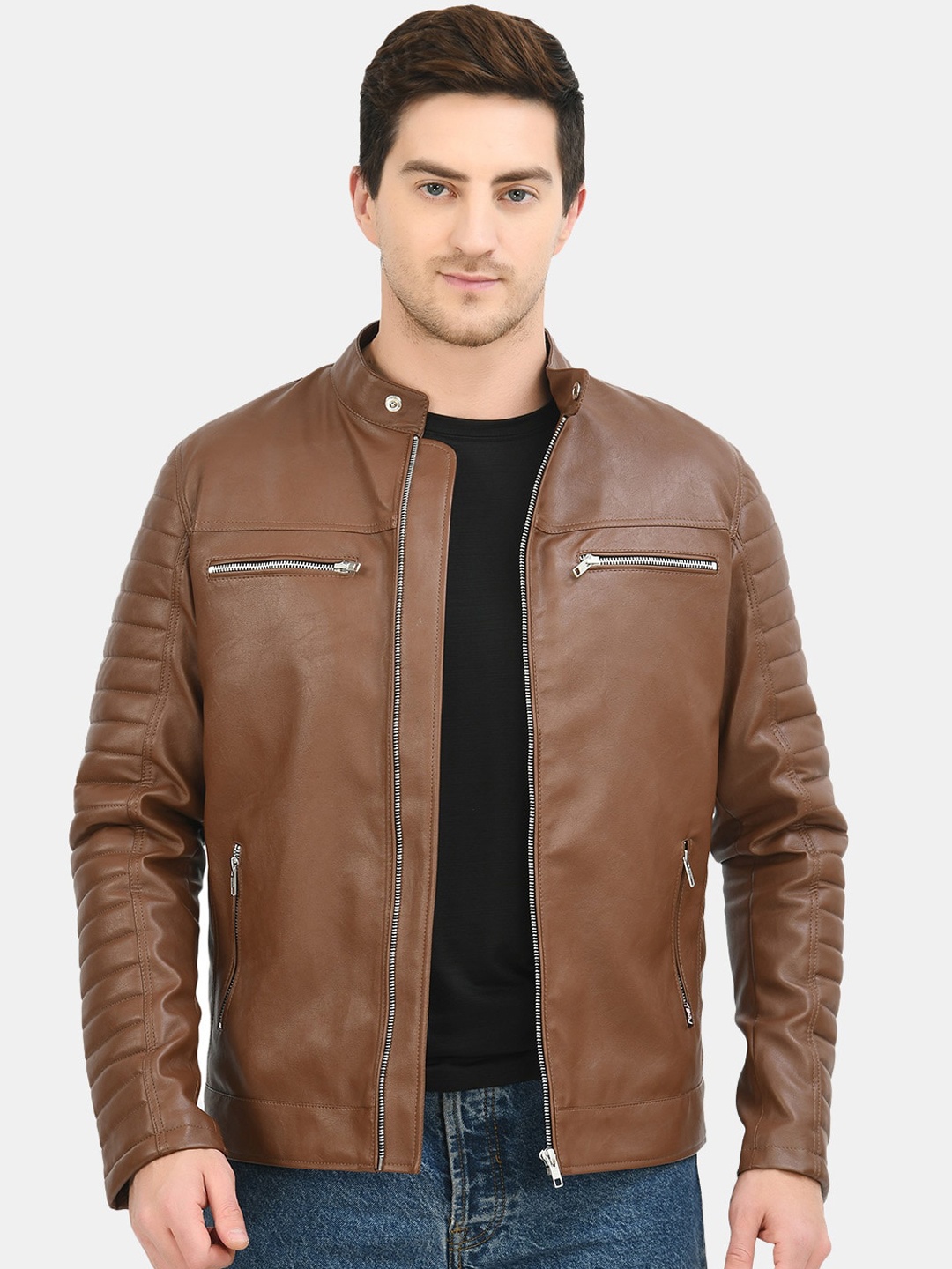 

TBOJ Stand Collar Anti Odour Lightweight Leather Jacket, Tan