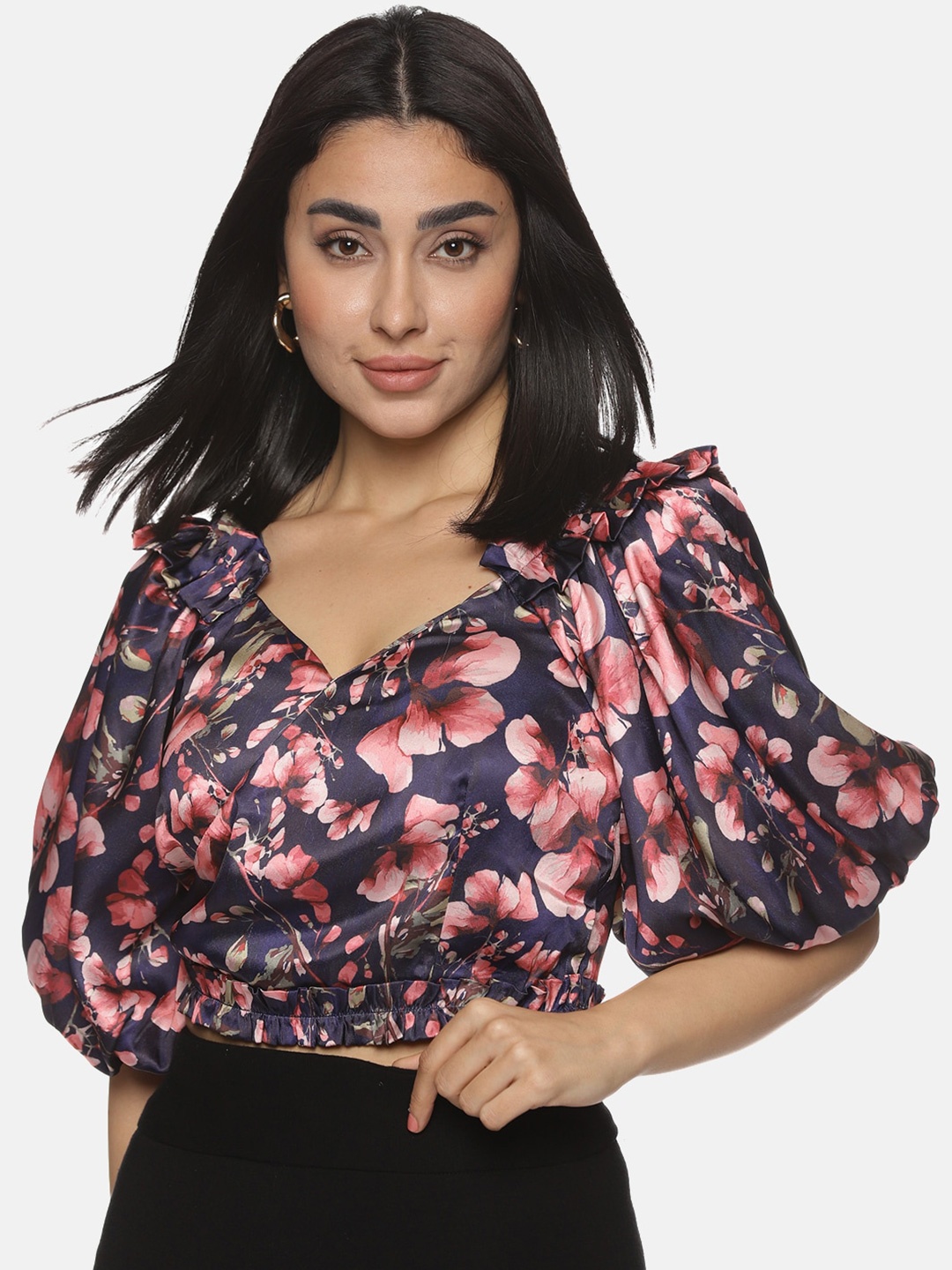 

ISU Floral Printed Puff Sleeve Satin Wrap Crop Top, Blue